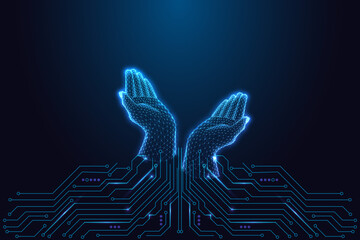 Digital hands made of glowing wireframe emerging from circuit board, artificial intelligence power