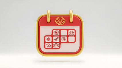 Red and Gold Calendar Icon with Grid of Icons.