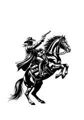 Fototapeta premium black vector silhouette of a cowboy in a flowing duster coat, firing a revolver atop a powerfully rearing horse against a transparent background, dynamic wild west adventure concept