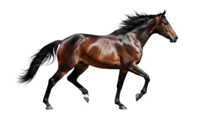 a magnificent espresso stallion, wet coat reflecting light, displays defined muscles mid-trot, framed by cinematic rim lighting on a white studio background, concept of equine power and grace