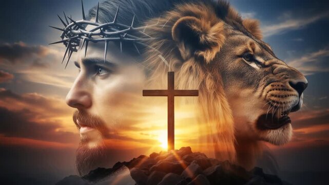 Jesus Christ profile with crown of thorns and roaring lion double exposure. Christian cross silhouette on a hill at sunset. Religious concept of the Lion of Judah and Resurrection for Easter