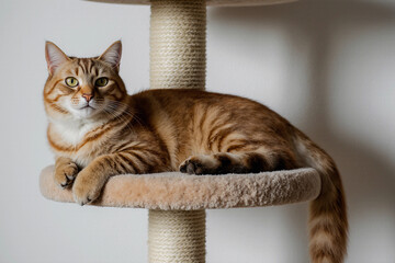 Ginger cat sitting on the cat activity center or tower or tree. Happy tabby orange cat relaxing at home. 3d rendering.