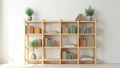 Minimalist wooden bookshelf holds colorful books and green plants. Natural light creates a serene, organized home library or living space. Clean aesthetic with simple storage furniture for reading.