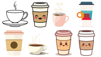 Set of coffee cups and mugs for hot beverages illustration isolated transparent background, editable vector artwork ai illustration file
