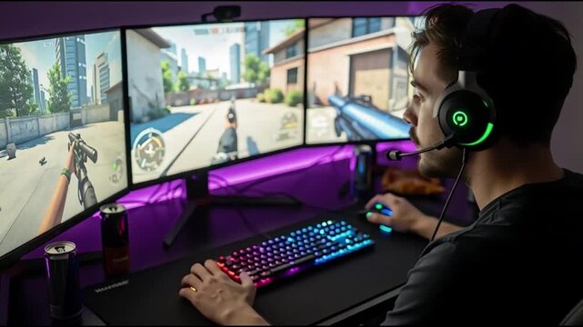 Man intensely gaming on multi-monitor setup with neon-lit peripherals in a dark environment