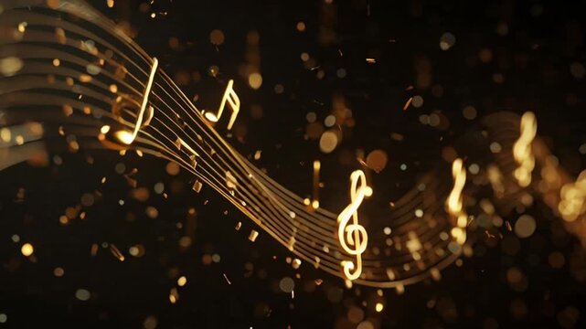 Elegant golden musical notes flowing with bokeh lights for celebration and artistic expression