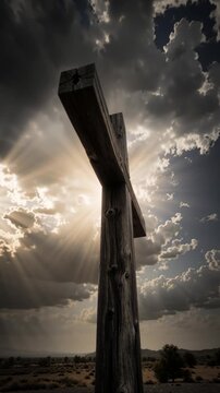 Vertical video of a wooden cross silhouette against dramatic sunbeams and clouds. Time lapse of a religious symbol in a desert landscape. Easter and resurrection concept