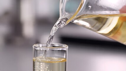 Clear liquid is delicately poured from a glass pitcher into a narrow test tube, creating a sense of precision and scientific exploration in the laboratory setting.