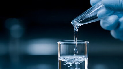 A gloved hand carefully pours clear liquid from a test tube into another, creating a stream of transparent fluid in a laboratory setting, under soft lighting.
