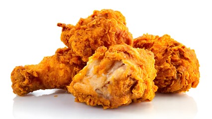 Crispy fried chicken pieces are arranged on a stark white background, inviting viewers with their golden brown, crunchy coating and visible meat texture delighting.