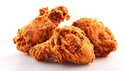 Three pieces of golden brown crispy fried chicken are piled together on a bright white background, making a delicious and tempting visual snack that invites induence.