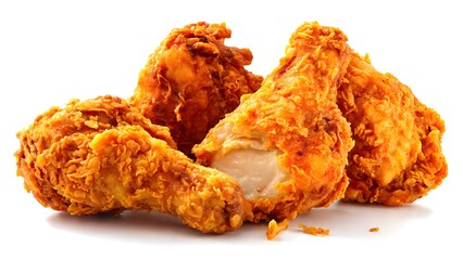 Crispy golden fried chicken drumsticks are arranged in a tantalizing pile on a plain white surface, offe a delicious and tempting visual feast for viewers.