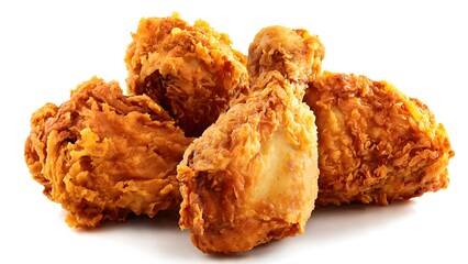 Four pieces of golden crispy fried chicken are arranged attractively on a bright white background, tempting viewers with their delicious appearance and texture.