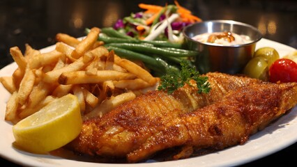 Delicious fish and chips plated with fresh green beans, coleslaw, and a lemon wedge is presented beautifully on a clean white plate for a tasty meal at dinner.