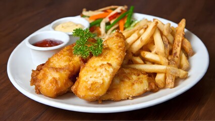 A plate of delicious fried fish with french fries, accompanied by colorful julienned vegetables and sauces, presented on a wooden surface creating visual appeal.