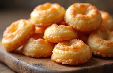 Golden brown baked pastel pastries with cheese filling are stacked on a rustic wooden board. These savory Brazilian snacks offer a crispy exterior and a gooey interior perfect for any meal.