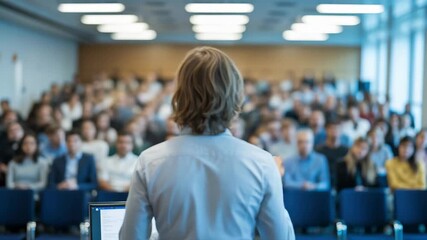 Confident public speaker addresses a large audience in a professional conference setting with a laptop in front
