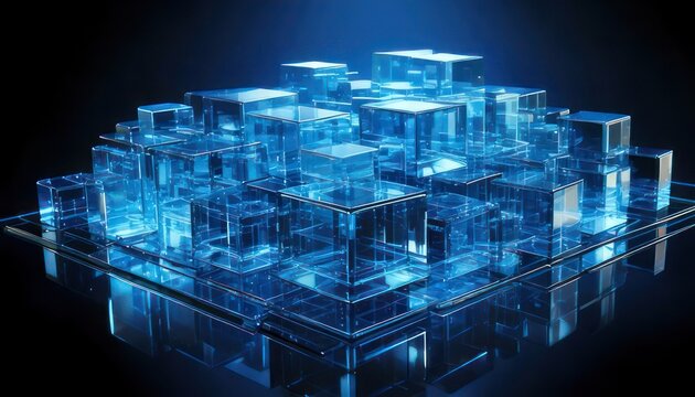 Abstract Blue Glass Cubes - Modern Technology and Futuristic Design.