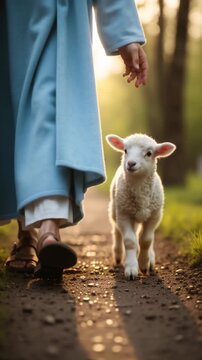 Jesus the Good Shepherd walking with a lamb in a forest. Vertical video of a biblical figure in a blue robe leading a sheep. Christian concept of faith and guidance