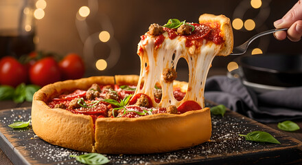 Hand Serving Deep Dish Pizza Slice Melty Cheese Pull