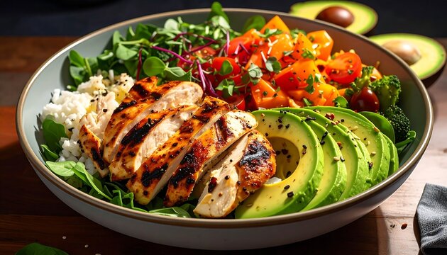 A close-up shot of a colorful, healthy bowl. Grilled chicken is arranged next to sliced avocado, tomatoes, greens, and rice