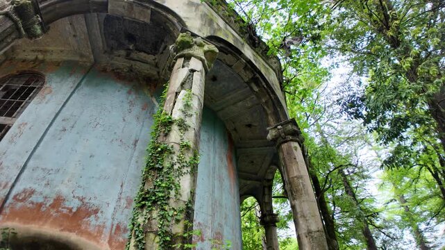 Plants growing on decaying columns of the Sanatorium Metallurgist's ruined facade in Tskaltubo, Georgia, highlighting nature's reclamation of a forgotten spa resort