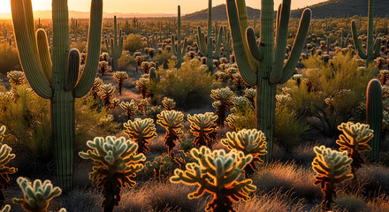 Desert Cactus Landscape Golden Sunset Light Outdoors