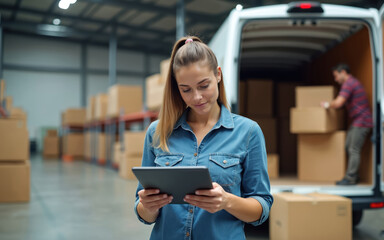 Woman uses tablet in warehouse. Man loads boxes onto delivery truck. Logistics and e-commerce workers manage inventory and shipments. Online retail order fulfillment process.