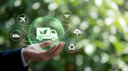 Hand holding a glowing green sphere with icons representing eco friendly logistics transportation and sustainability including a truck airplane drone recycling symbol and co2 emissions with business