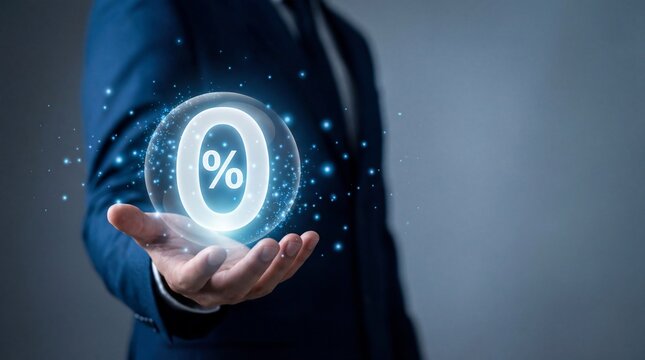 A businessman in a dark suit holds a glowing orb with a zero percent symbol inside representing a concept of zero interest rates or special offers with a dark blue background and bokeh with finance
