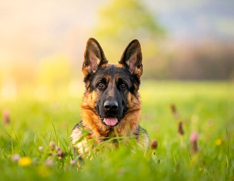 A German shepherd rests in a vibrant meadow, sun shining. Its intelligent eyes gaze forward, mouth slightly open. Green grass, wildflowers bloom