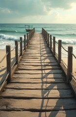 Fototapeta premium Long wooden pier leads to calm sea with gentle waves and a distant boat. Sandy beach borders the water under a hazy sky. Path offers peaceful ocean view.