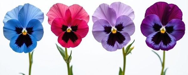Four pansy flowers in blue pink purple and violet colors stand on white background. Closeup view of blooming flora with dark center and thin petals. Natural beauty.