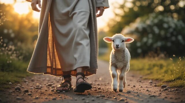 Jesus figure walking with a lamb on a dirt path during golden hour. The Good Shepherd biblical concept with robe and sandals