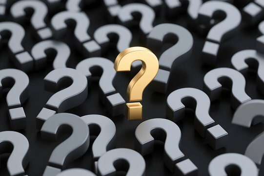 A golden question mark stands out among silver question marks, symbolizing uniqueness and curiosity in decision-making or inquiry.