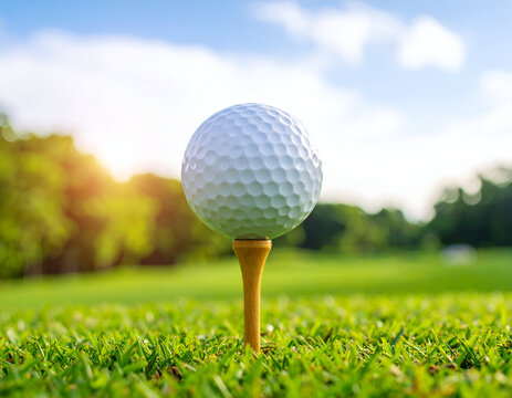 Close-up of a golf ball on a tee, set against a blurred green background, ideal for sports and golf-related themes. - Powered by Adobe