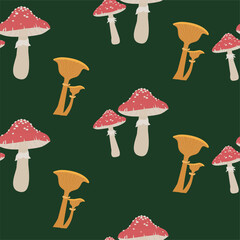 Seamless pattern with mashrooms on green background. 