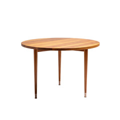 a flawless round mid-century modern teak dining table featuring polished wood grain and tapered legs with metallic caps, isolated on a bright white studio background conveying minimalist