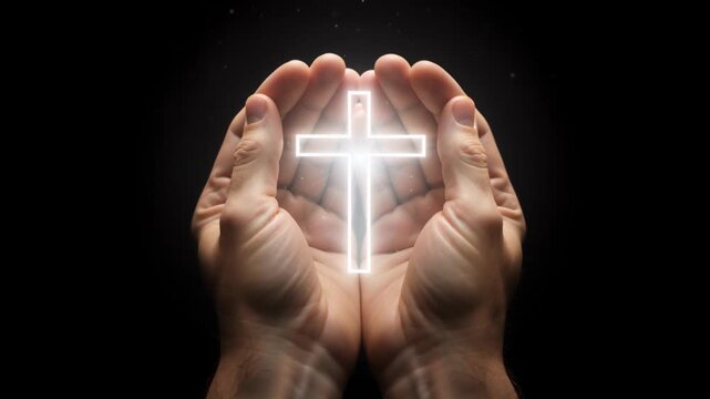 Glowing Christian cross held in cupped hands on a dark background. Light intensifying from the cross symbol. Faith, prayer, and spirituality concept. Cinematic religious footage