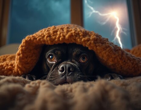 Scared bulldog hides under orange blanket during thunderstorm. Dog eyes peer out fearfully at lightning flash outside window. Pet feels unsafe, seeks comfort, refuge from storm noise, loud thunder.