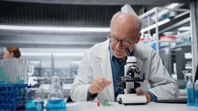 Laboratory materials scientist examining biopsy slide with microscope, logging results on clipboard. Senior researcher identifies disease markers in clinical lab, writing report, camera B