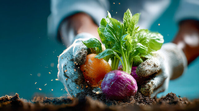 Hands pulling fresh vegetables from dark soil in a garden during daylight hours