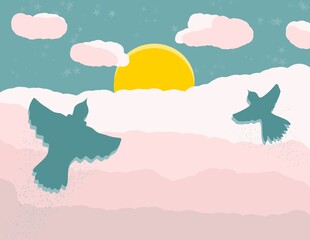 Collage Style Birds Flying Through Clouds 