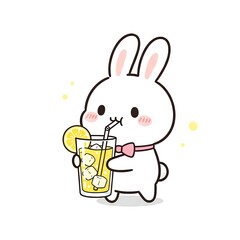 Cute White Bunny Rabbit Enjoying a Refreshing Lemonade Drink.