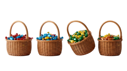 Happy easter concept with four woven baskets full of colorful eggs isolated on transparent background