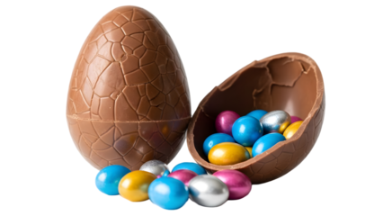 Happy easter chocolate egg with colorful candy isolated on transparent background