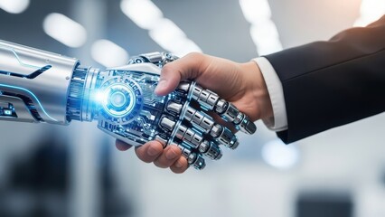 Closeup Businessman Hand shaking hands with digital robot arm, symbolizing human-AI collaboration, technological partnership, and the future of automation in the workplace.