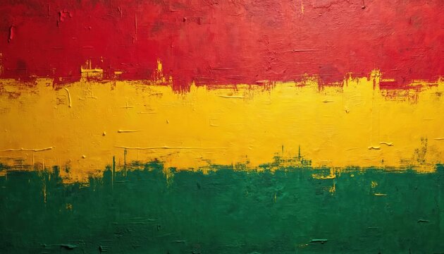 Textured abstract art with bold red, yellow, and green stripes. Thick paint application creates a rough, tactile surface. Evokes Pan-Africanism and cultural heritage.