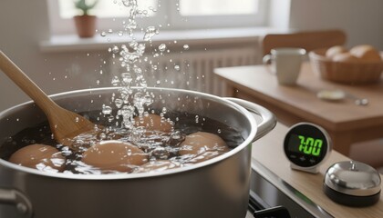 Boiling Eggs in a Pot of Water on a Stove with a Wooden Spoon and a Digital Timer Showing 7:00 in a Kitchen Setting