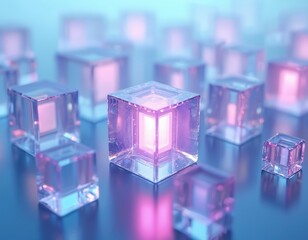 Obraz premium Transparent glowing cubes float in abstract space with blue and pink hues. Geometric shapes, digital art, futuristic concept. Rendered with light effects.